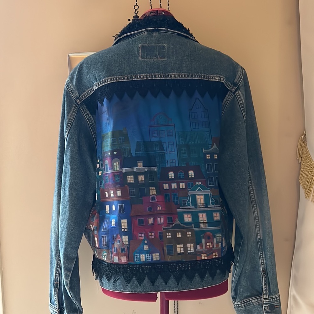 Preowned handcrafted denim jacket. Medium fit. Conversation starter.
